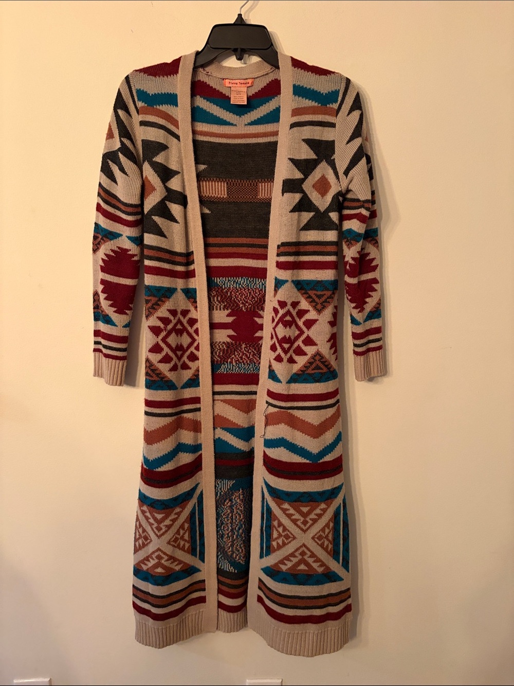 Long Open-Front Aztec Cardigan Sweater - Beige with Teal & Burgundy